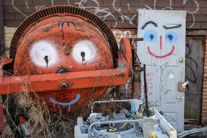a trash can and a discarded door with faces painted on them